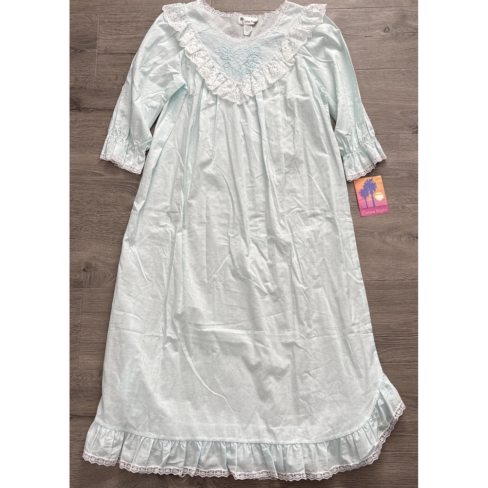 Vintage Long Nightgown M Lt Blue Lightweight Frilly Cottagecore 100% cotton NOS